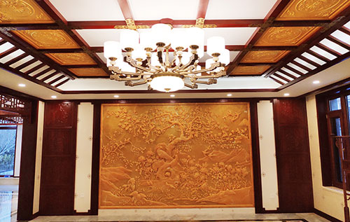 台江中式别墅客厅中式木作横梁吊顶装饰展示