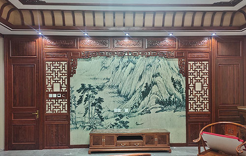 台江中式仿古别墅客厅背景墙花格木作装饰